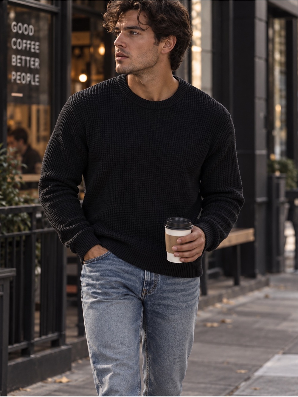 Express Waffle Knit Cotton Crewneck Sweater Black Sz L